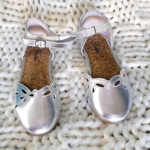 Ankle strap girls silver dress shoes